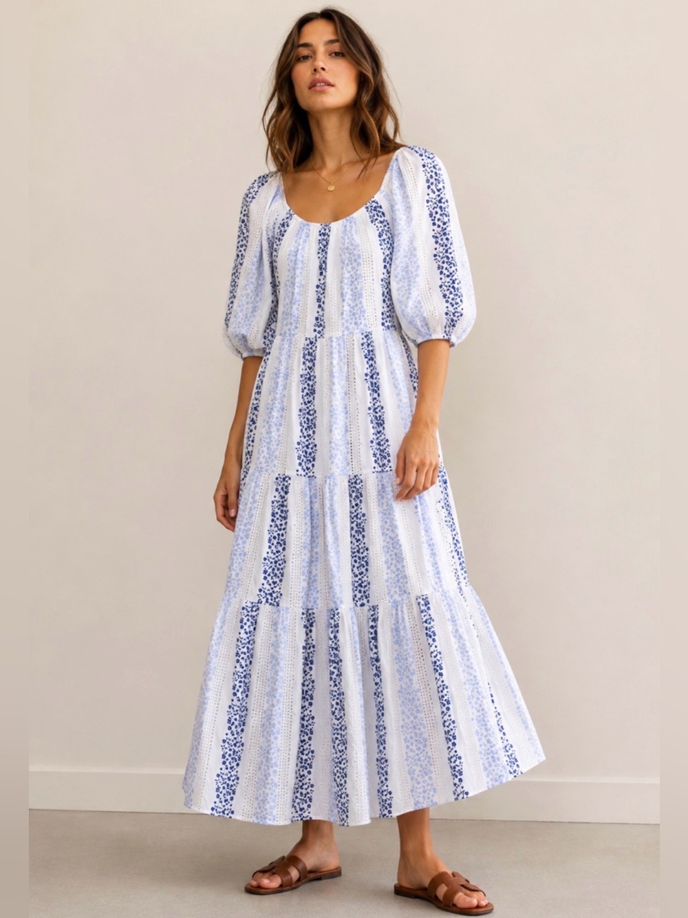 Zara Blue & White Floral Eyelet Maxi Dress L Puff Sleeve Cottagecore